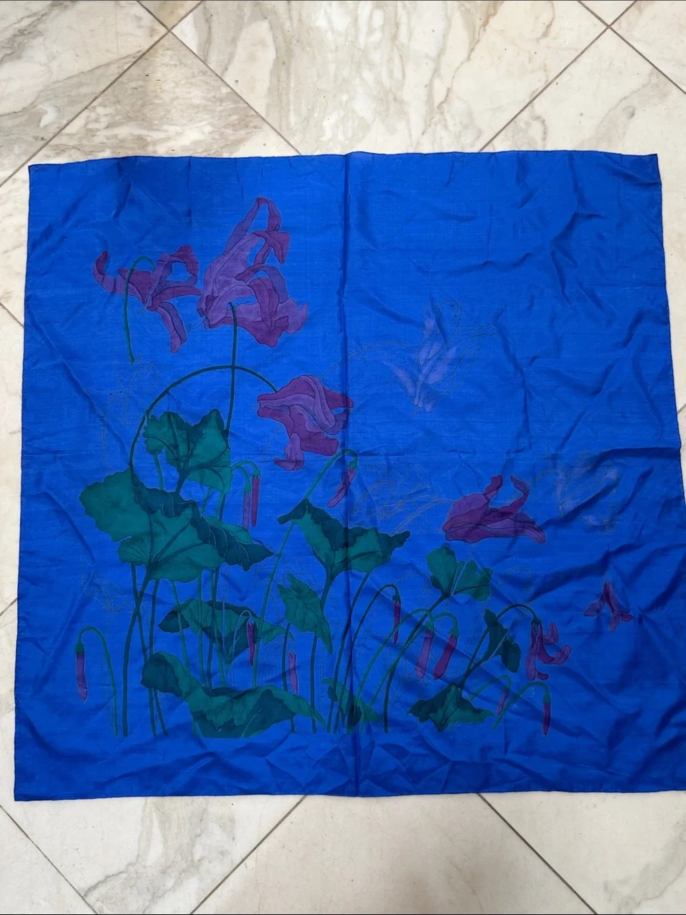 Vibrant Blue Floral Silk Scarf block printed stunning 35” by 36”